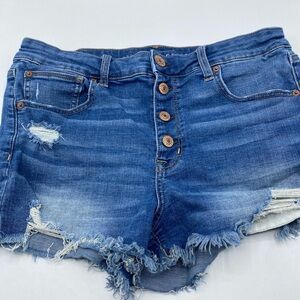 American Eagle Blue Hi Rise Short Button Fly Distressed Next Level Stretch Sz 12